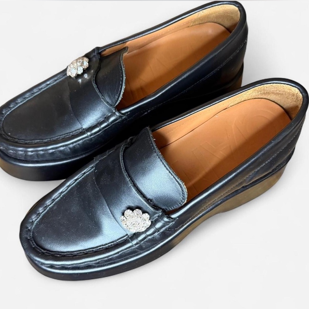 GANNI Black Leather Chunky Loafer Platforms Crystal Accents 39/8 Scandigirl